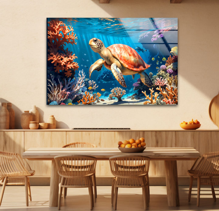 Sea Turtle Underwater Wall Art – Coral Reef Ocean Scene Glass Print