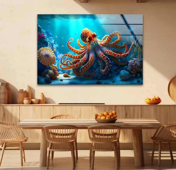 Octopus Underwater Wall Art – Vibrant Coral Reef Ocean Scene Glass Print