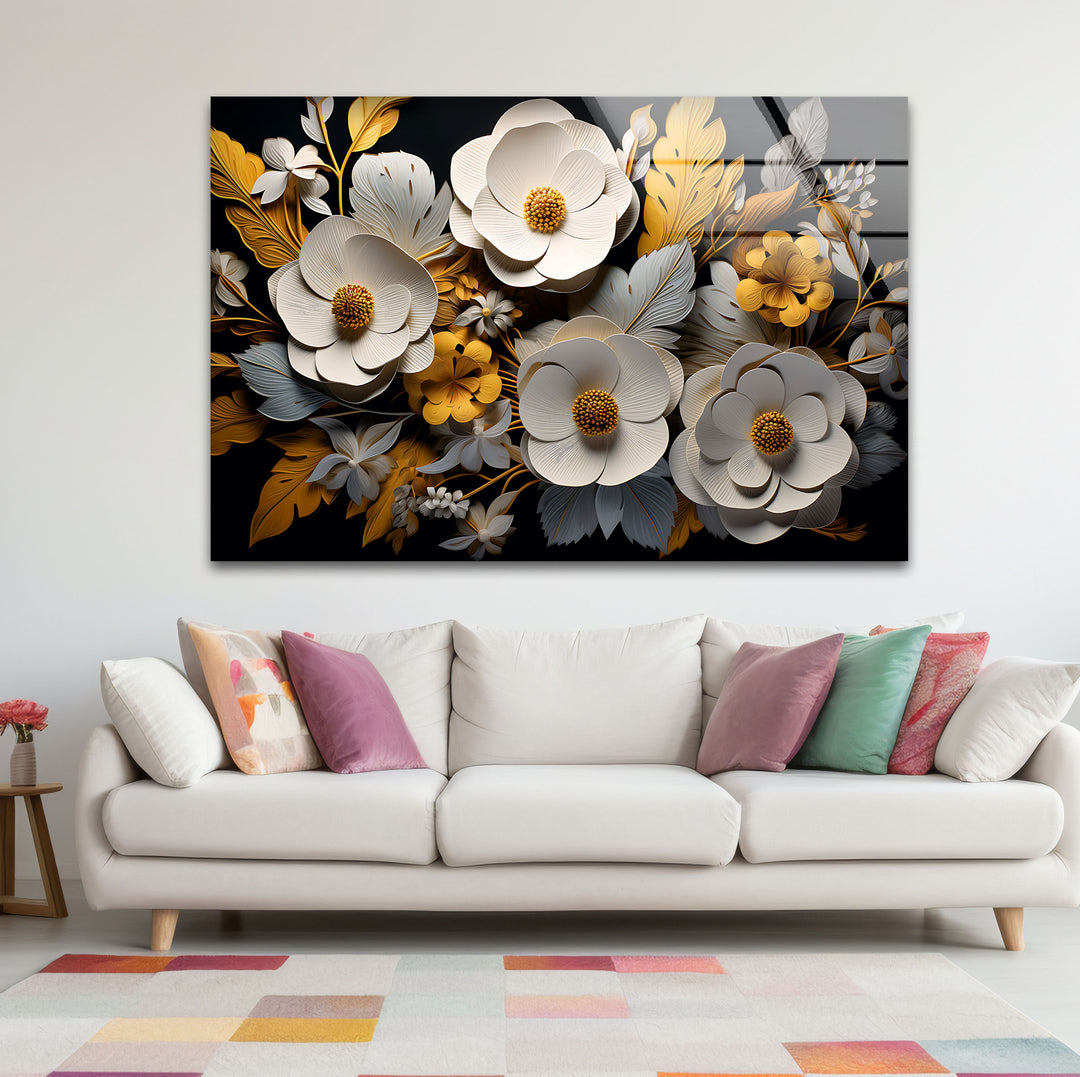 Luxuriöse florale Glaswandkunst – Gold- und weißes 3D-Blumendesign 
