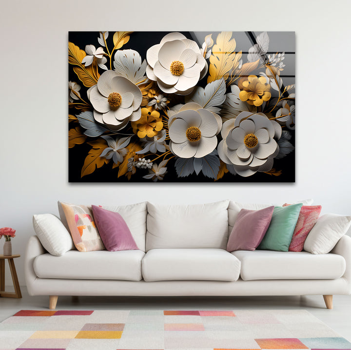 Luxuriöse florale Glaswandkunst – Gold- und weißes 3D-Blumendesign 