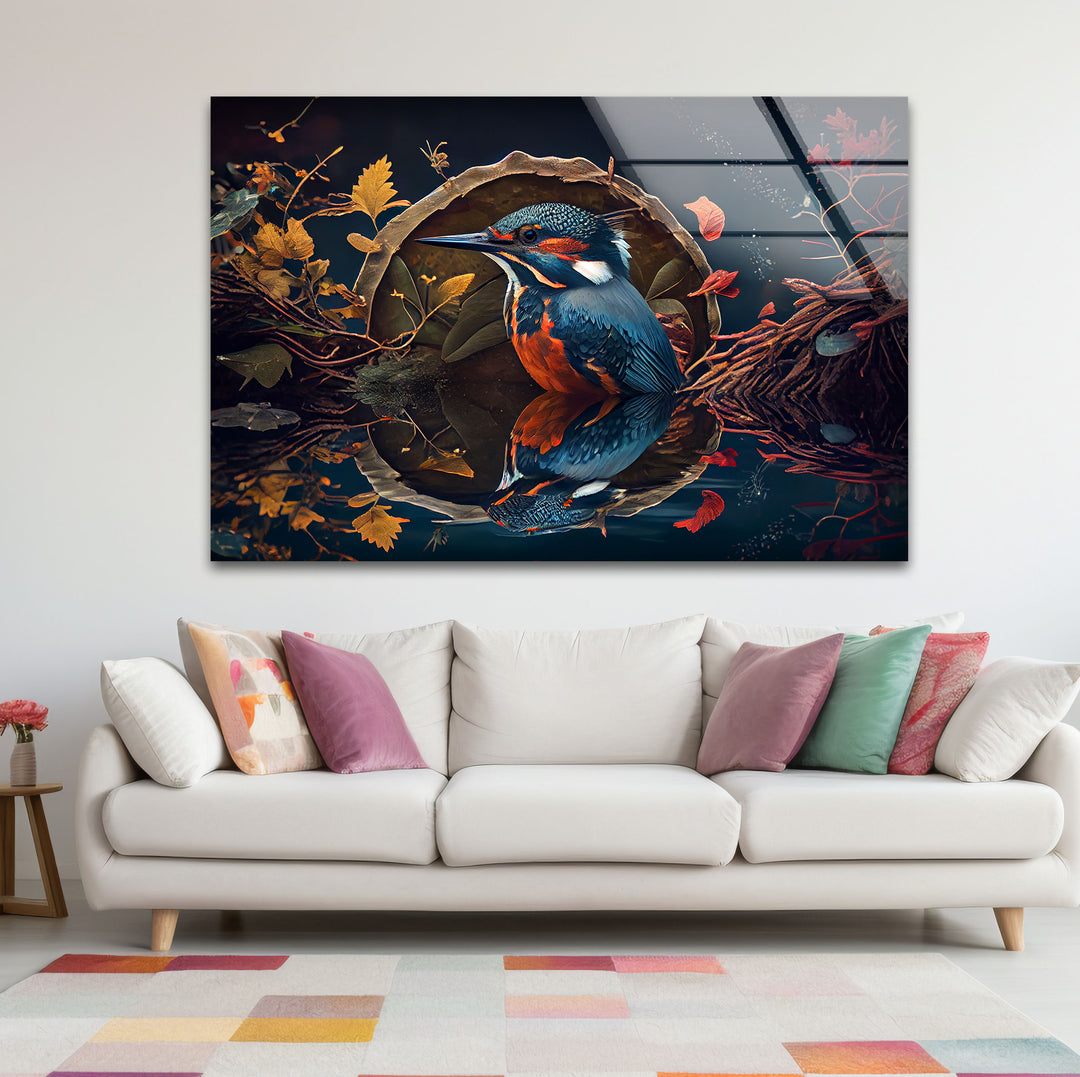 Eisvogel-Reflexion Wandkunst – Herbstwaldvogel-Glasdruck-Design