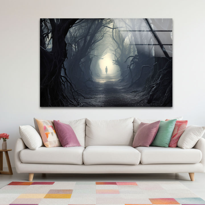Geheimnisvoller Waldweg Wandkunst – Dunkler Fantasy-Glasdruck für die Inneneinrichtung 