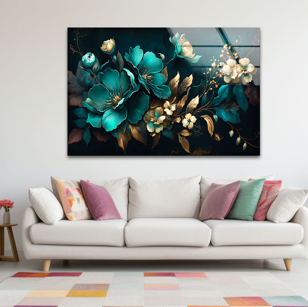 Blaugrüne und goldene florale Wandkunst – Luxuriöses botanisches Glasdruckdesign