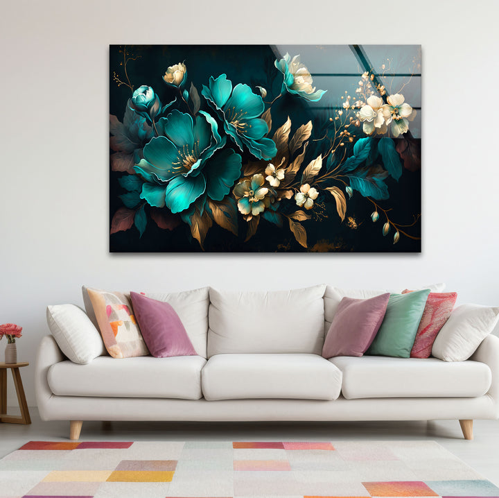 Blaugrüne und goldene florale Wandkunst – Luxuriöses botanisches Glasdruckdesign
