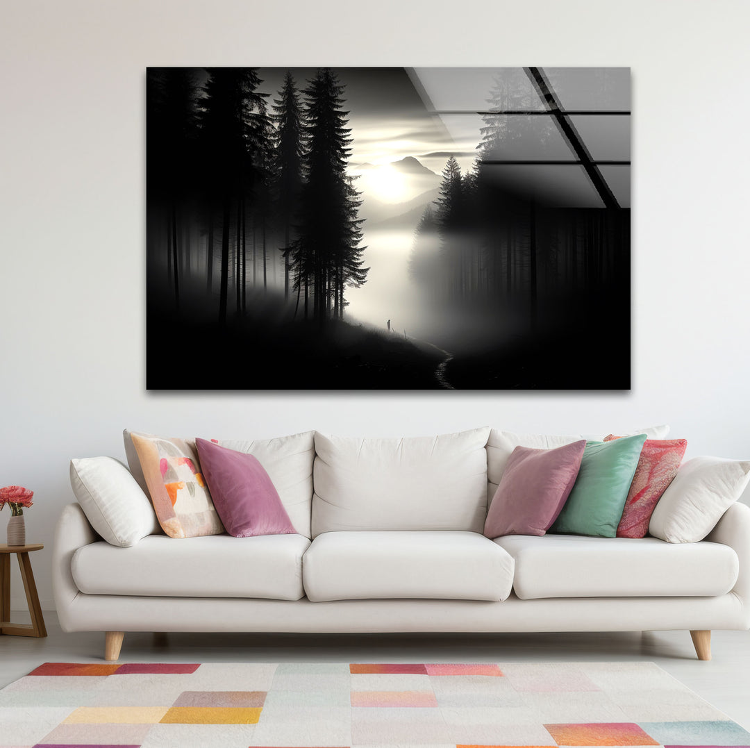 Foggy Forest Black and White Wall Art – Minimalist Glass Print Decor
