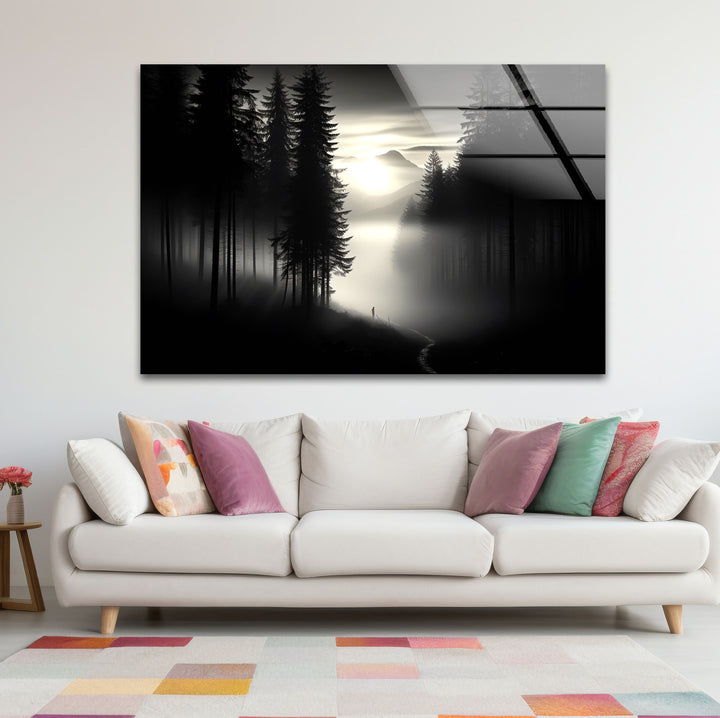 Foggy Forest Black and White Wall Art – Minimalist Glass Print Decor