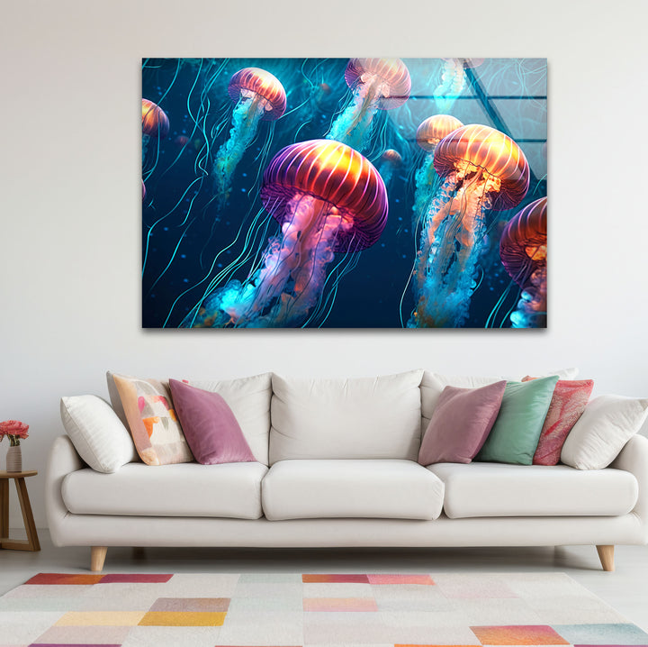 Leuchtende Quallen-Wandkunst – Unterwasser-Ozeanszene-Glasdruck