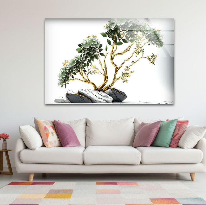 Goldene Bonsai-Baum-Wandkunst – Weißer Blumenglasdruck mit Marmorsteinen