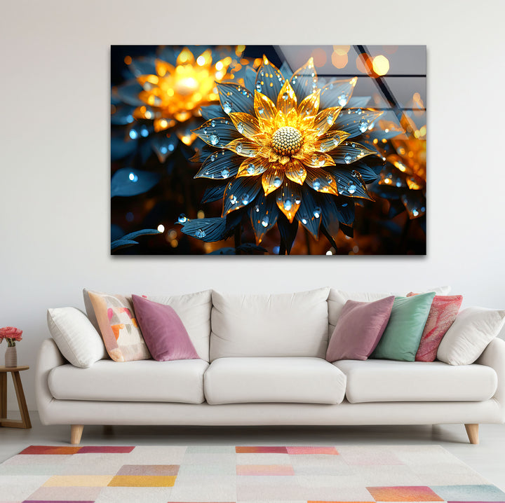 Golden Glow Floral Wall Art – Illuminated Flower Glass Print Design
