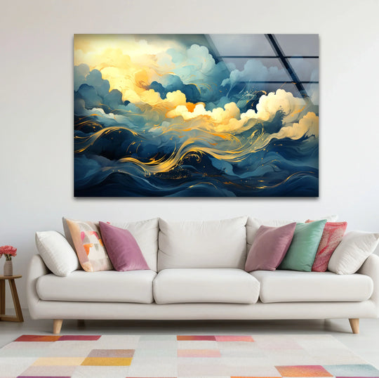 Golden sky and ocean waves abstract glass print creating a vibrant, swirling focal point with golden hues dominating the dramatic scene.