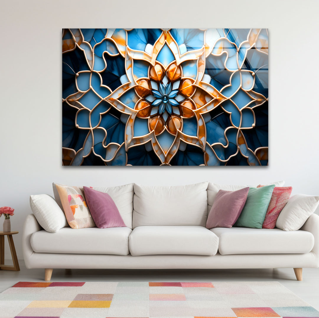 Blue & Amber Geometric Wall Art – Islamic Mandala Glass Print for Modern Interiors