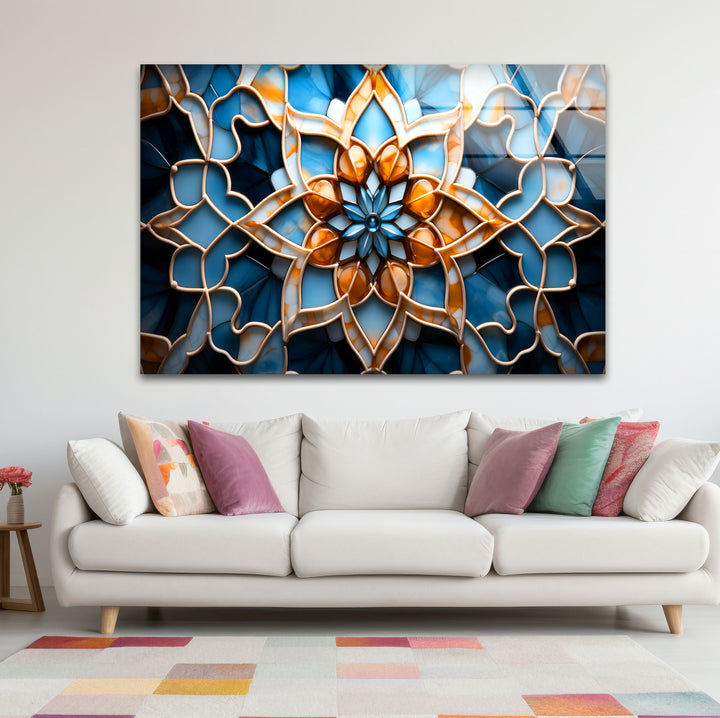 Blue & Amber Geometric Wall Art – Islamic Mandala Glass Print for Modern Interiors