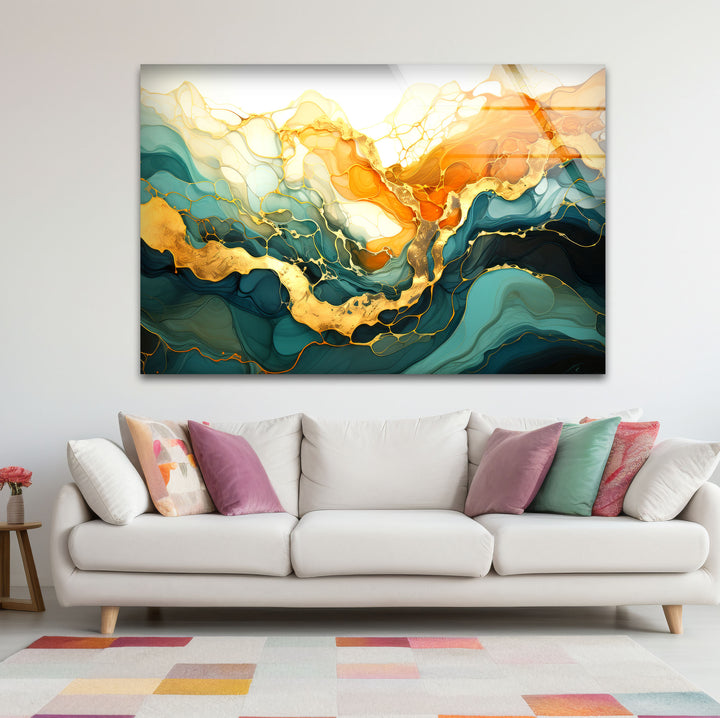 Golden Horizon Abstract Wall Art – Emerald & Gold Tempered Glass Print