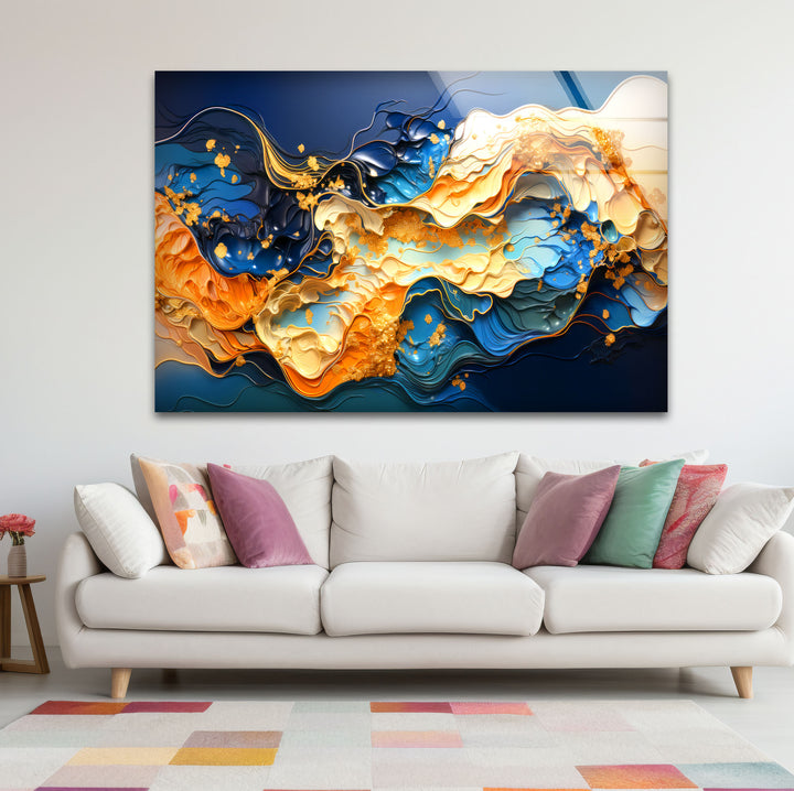 Blue Gold Abstract Wave Wall Art – Modern Fluid Glass Print for Interior Elegance