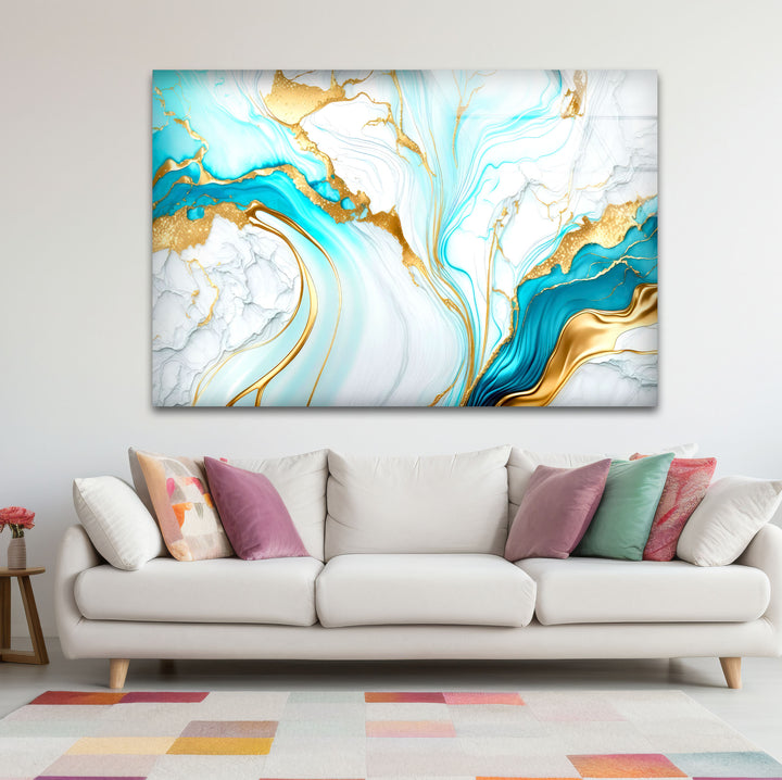 Wandkunst aus blauem und goldenem Marmor – Eleganter, fließender abstrakter Glasdruck