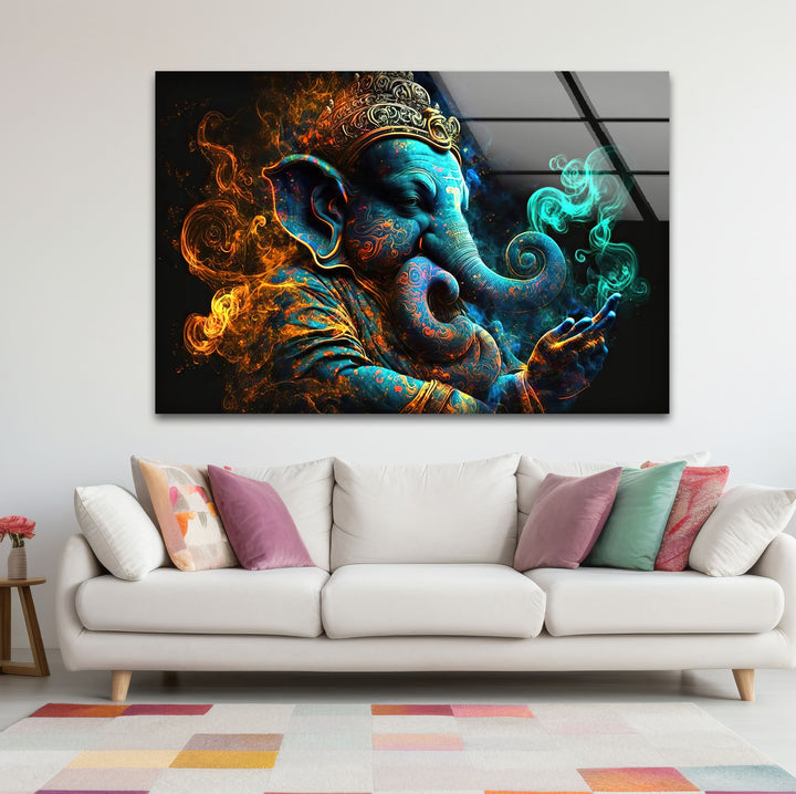 Spiritual Ganesha Wall Art – Vibrant Hindu Deity Glass Print Decor