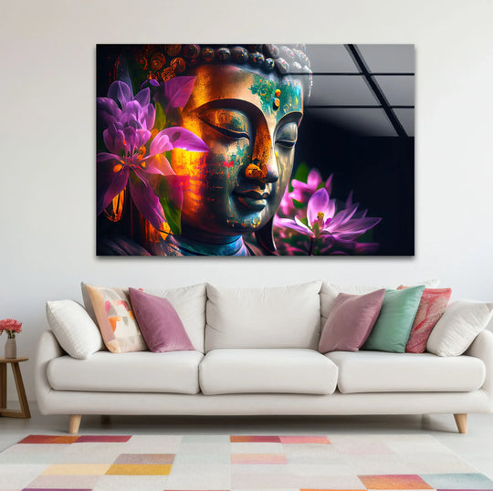 Highlighting a sleek border, this hanging wall art presents a colorful Buddha in floral enlightenment, framed by a modern edge that complements the vibrant glass print.
