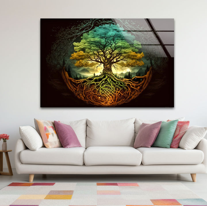 Wandkunst „Baum des Lebens“ – Lebendige Wurzeln und Waldenergie-Glasdruckdesign