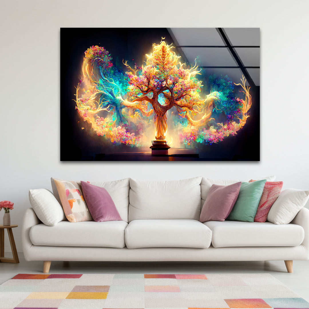 Fantasy-Baum des Lebens Wandkunst – Strahlendes, magisch leuchtendes Glasdruck-Design