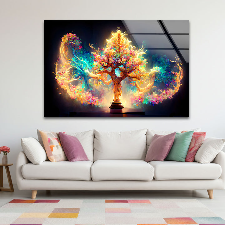 Fantasy-Baum des Lebens Wandkunst – Strahlendes, magisch leuchtendes Glasdruck-Design