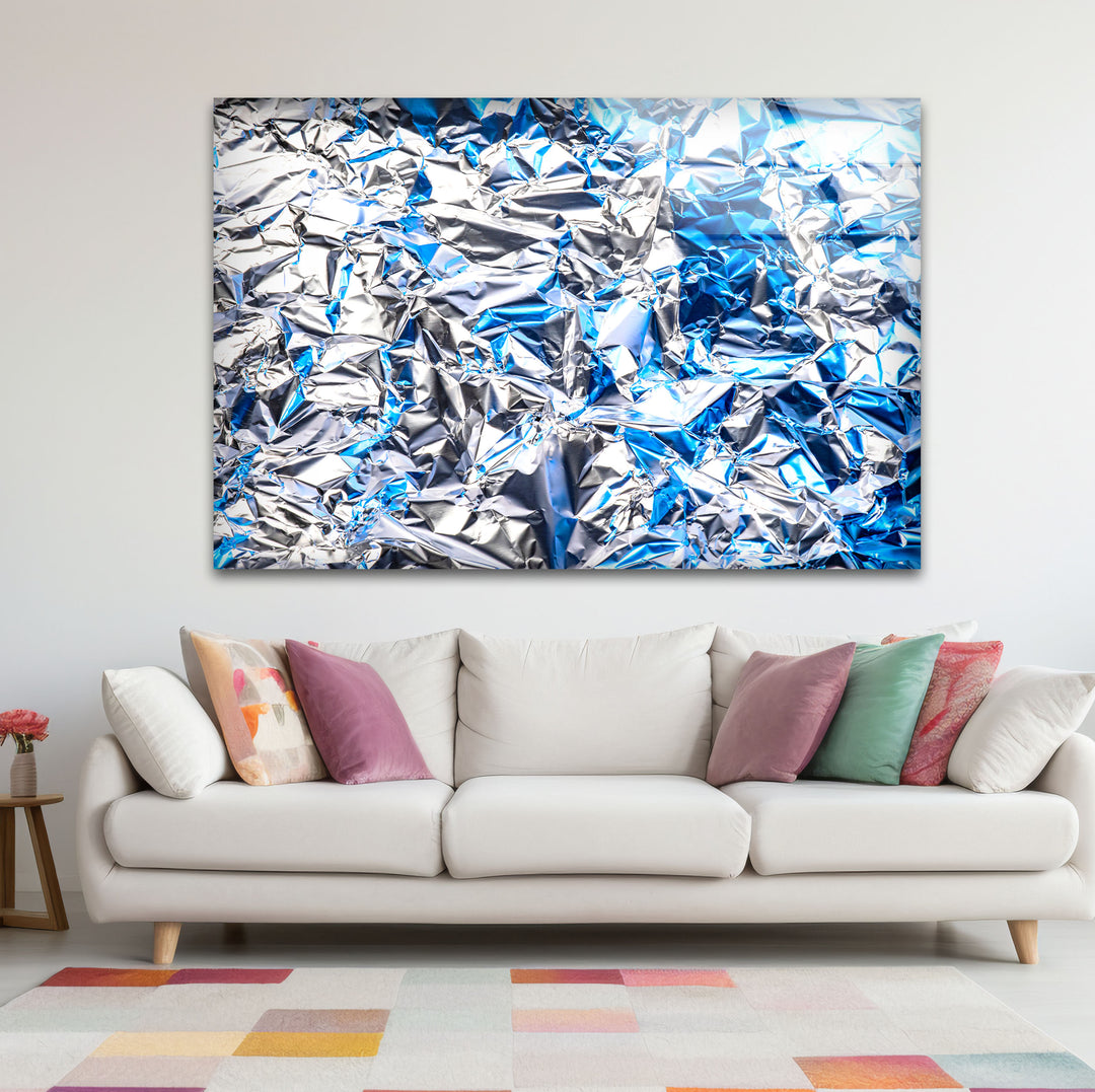 Crinkled Silver Foil Wall Art – Abstract Metallic Texture Glass Print