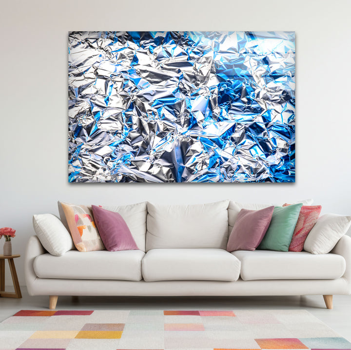 Crinkled Silver Foil Wall Art – Abstract Metallic Texture Glass Print