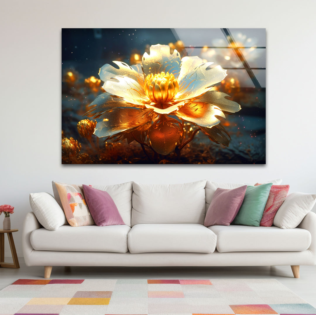 Golden Bloom Glass Wall Art – Luminous Abstract Flower Print