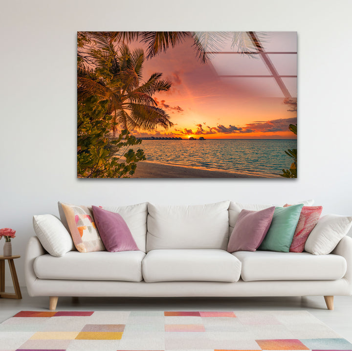 Tropical Sunset Beach Wall Art – Palm Tree Ocean View Glass Print