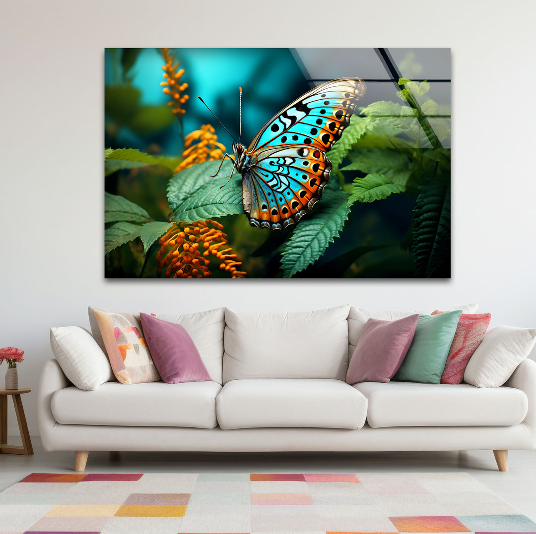 Blue Monarch Glaswandkunst – Lebendiger Schmetterling auf Blattdruck 