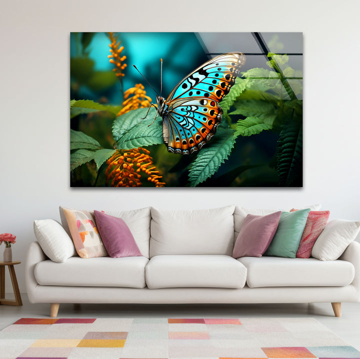 Blue Monarch Glaswandkunst – Lebendiger Schmetterling auf Blattdruck 