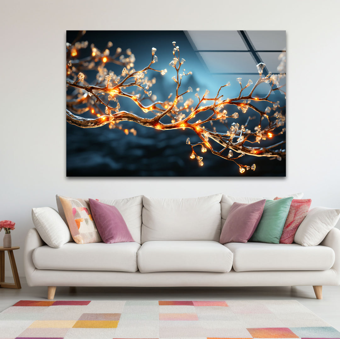 Golden Crystal Tree Branch Wall Art – Illuminated Nature Glass Print