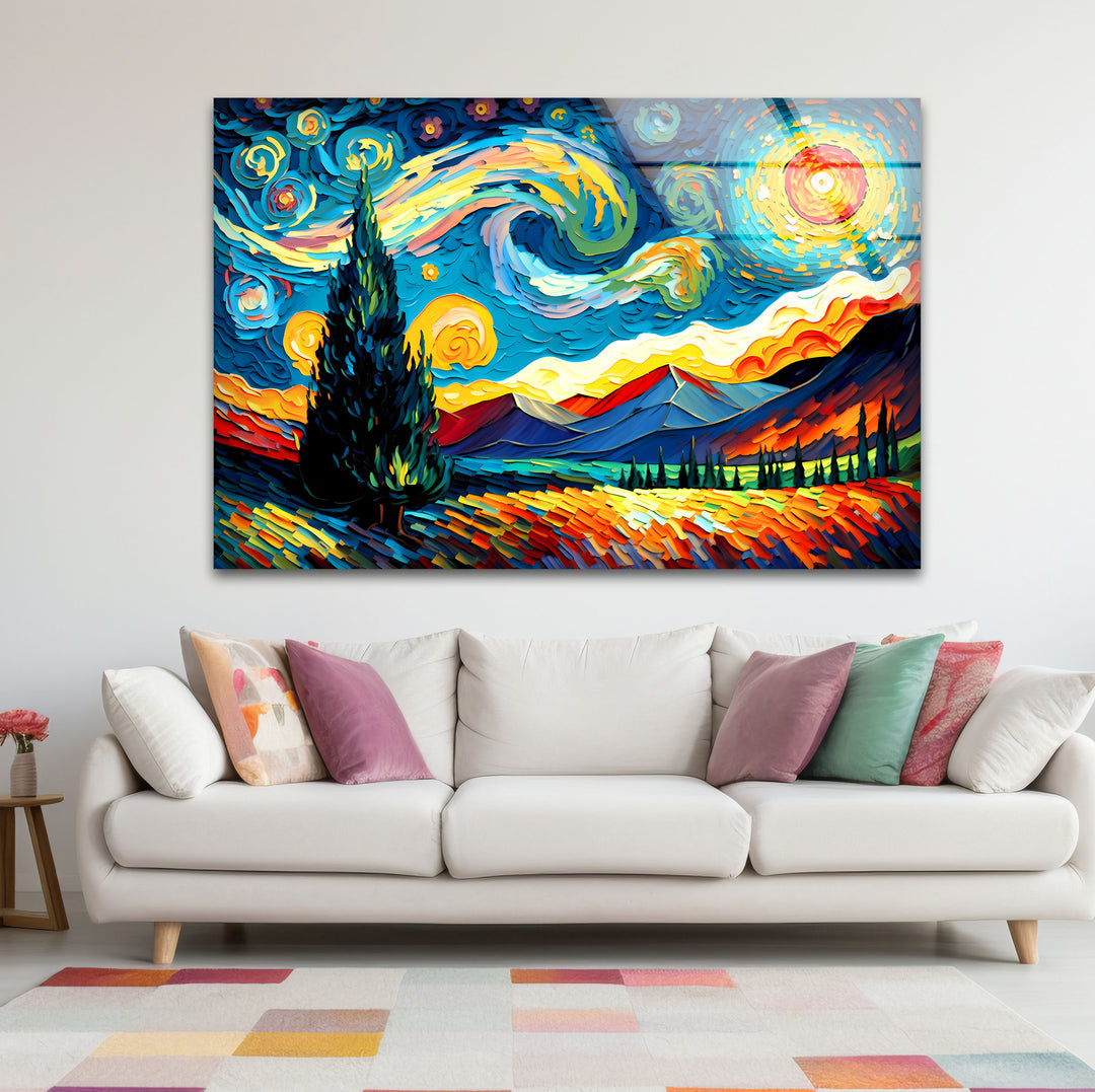 Sternennacht-Landschaftswandkunst – Van Gogh inspirierter bunter Glasdruck