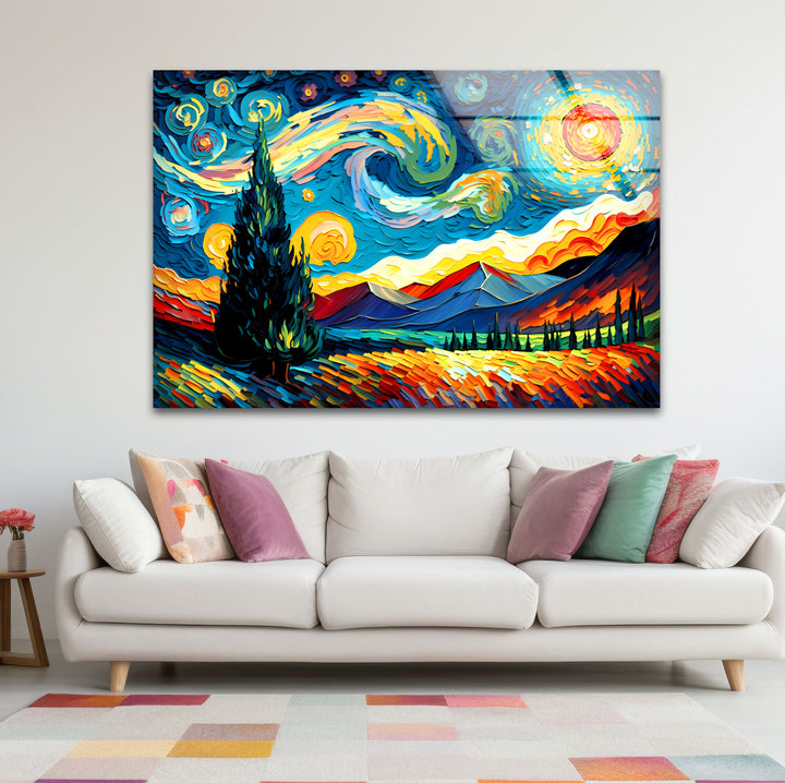 Sternennacht-Landschaftswandkunst – Van Gogh inspirierter bunter Glasdruck