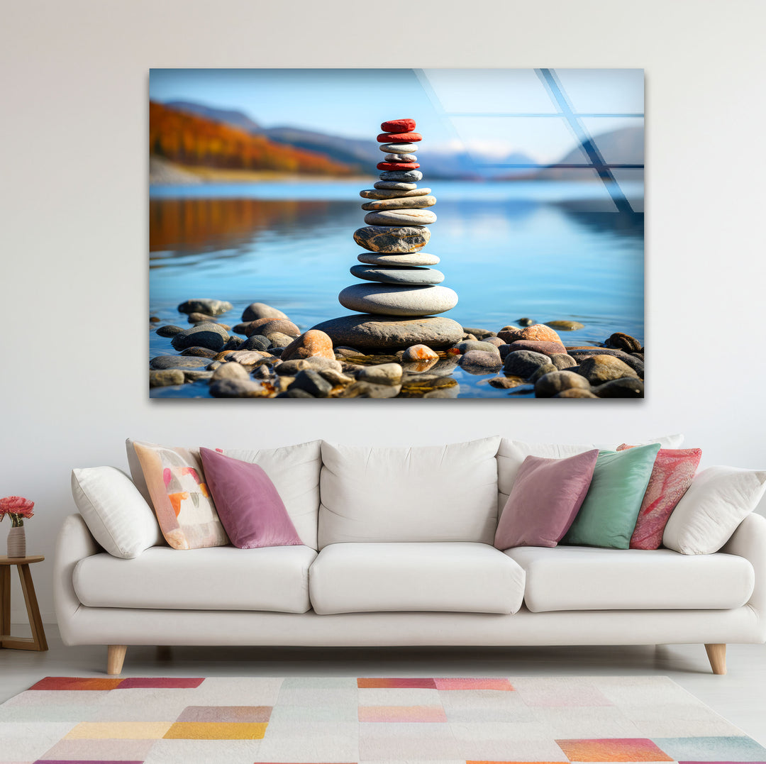 Stacked Stones Glass Wall Art – Tranquil Lake Balance Scene