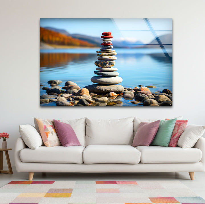 Stacked Stones Glass Wall Art – Tranquil Lake Balance Scene