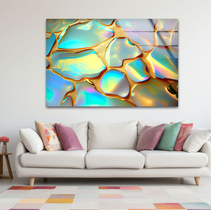 Iridescent Abstract Wall Art – Gold and Rainbow Glass Print Design