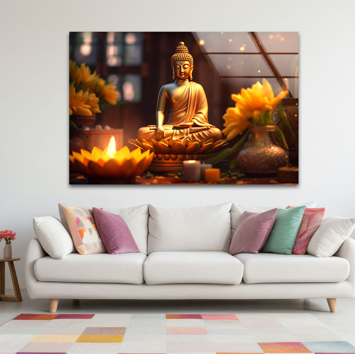 Golden Buddha Serenity Wall Art – Peaceful Candlelit Meditation Glass Print