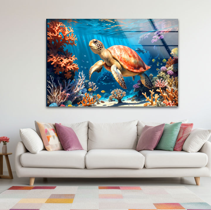 Sea Turtle Underwater Wall Art – Coral Reef Ocean Scene Glass Print