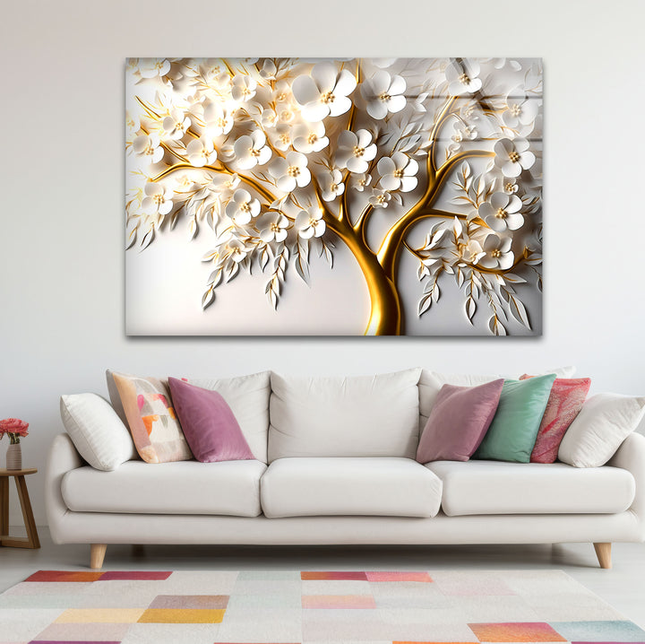Golden Blossom Tree Wandkunst – Weißes Blumenglaskunstwerk für elegantes Dekor