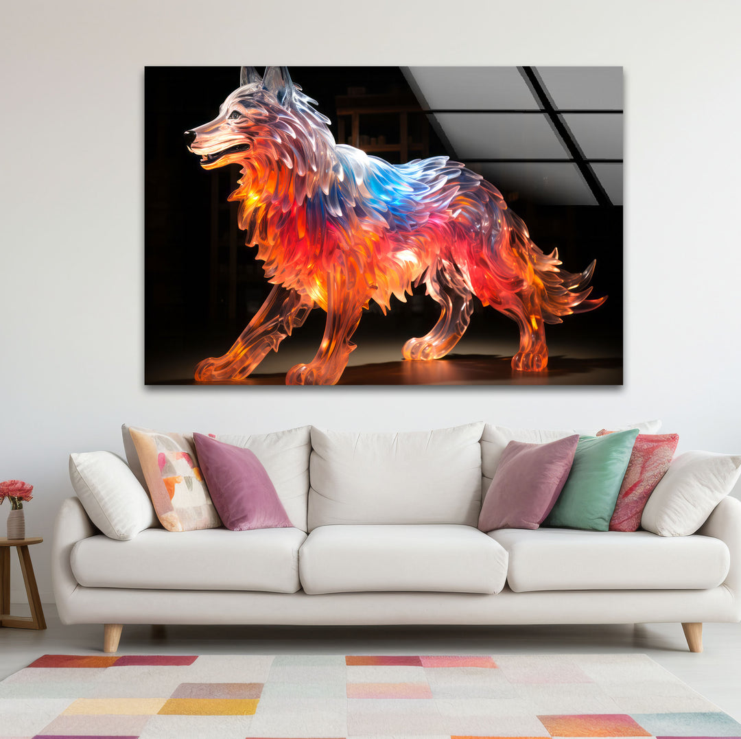 Glowing Wolf Wall Art – Abstract Fiery Glass Sculpture Print Design