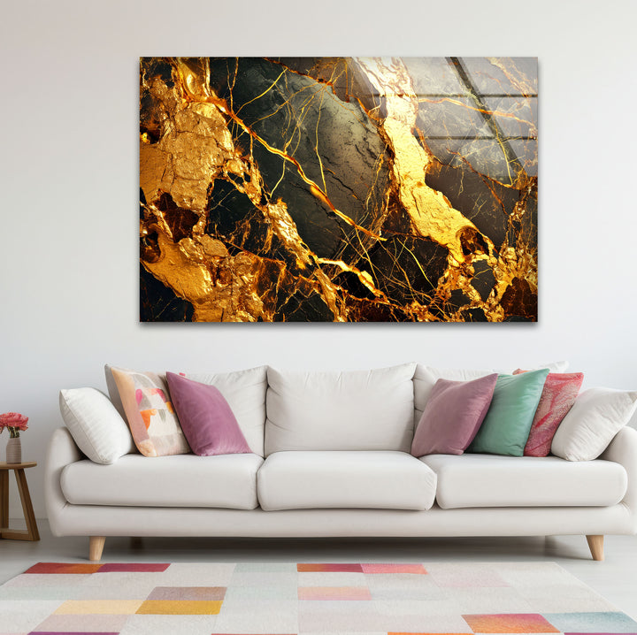 Gold Marble Abstract Wall Art – Luxury Black and Gold Glass Print Design