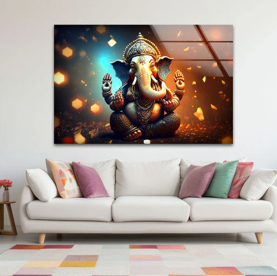 Illuminating the essence of sacred decor, the brightest area highlights the divine golden Lord Ganesha glass wall prints, radiating spirituality and auspicious blessings.