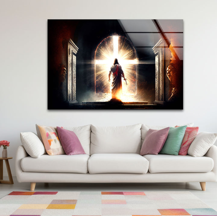 Jesus steht vor dem strahlenden Kreuz – Christlicher Wandbild-Glasdruck