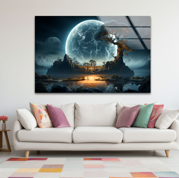 Moonlit Zen Temple Wall Art – Futuristic Landscape Glass Print