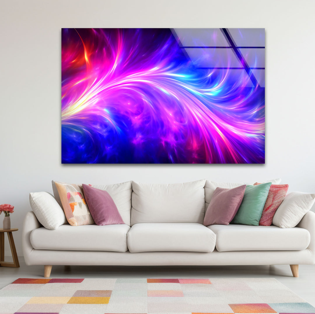 Wandkunst mit kosmischer Energie – Lebendiger abstrakter Glasdruck mit Neonwirbel 