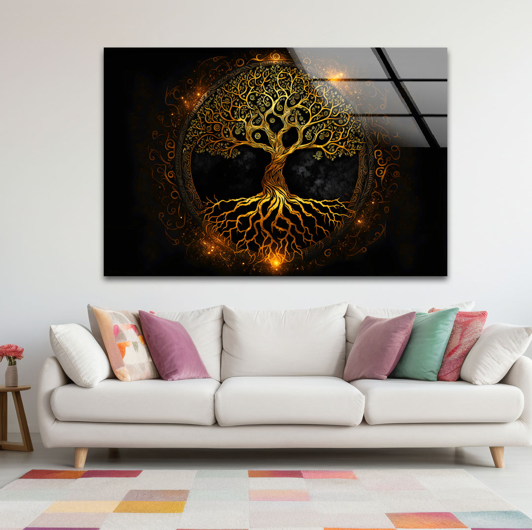 Wandkunst „Baum des Lebens“ – Leuchtendes goldenes Design mit Wurzeln und Zweigen auf Glas