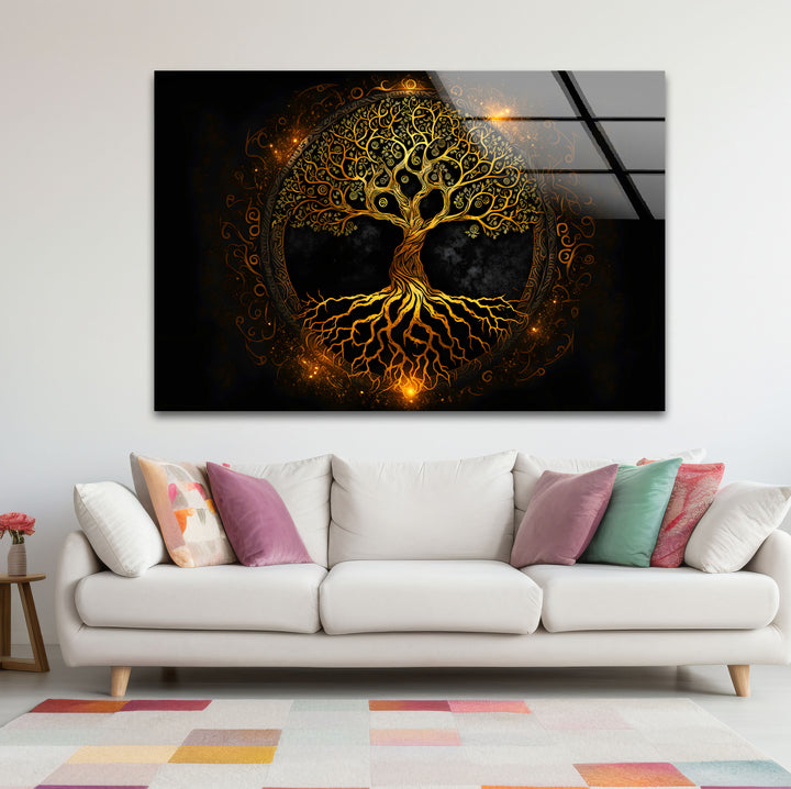 Wandkunst „Baum des Lebens“ – Leuchtendes goldenes Design mit Wurzeln und Zweigen auf Glas