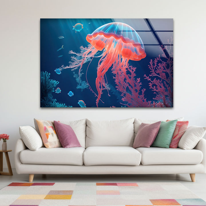 Neon Quallen Wandkunst – Unterwasser Ozean Szene Glas Druck Dekor
