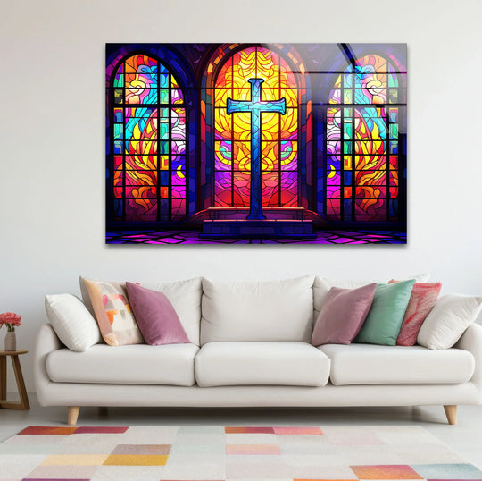 Vibrant stained glass church cross shines as the central subject, showcasing colorful Christian glass printing, radiating faith-centered inspiration.