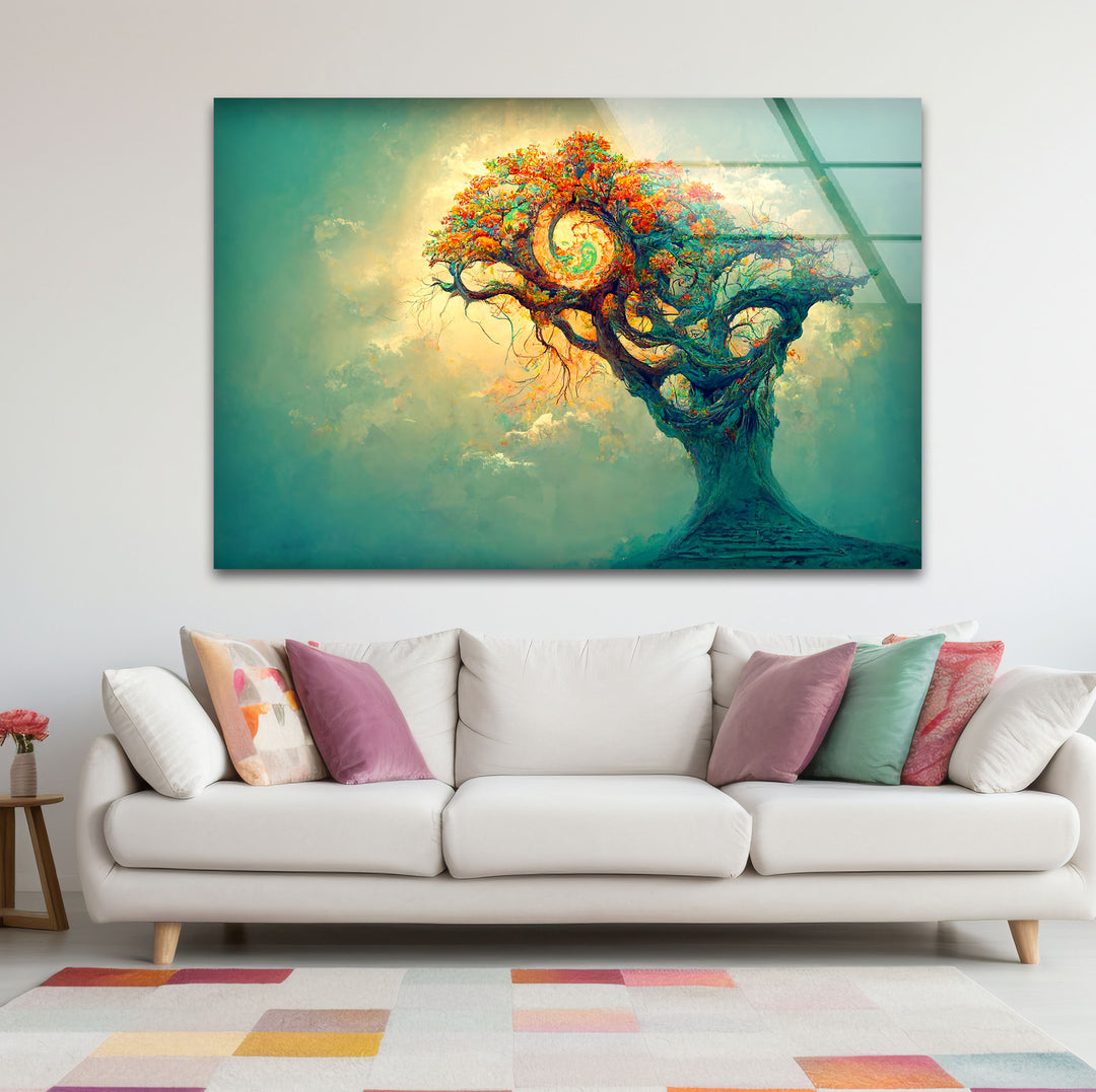 Spiralbaum-Wandkunst – Mystisches Fantasy-Lebensbaum-Glasdruck-Design